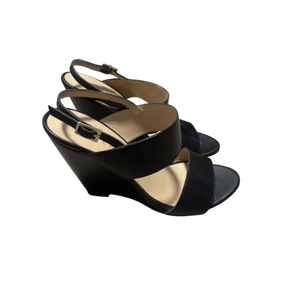 M.Gemi Black Leather Wedge Sandals Made in‎ Italy Slingback Heels Size 39